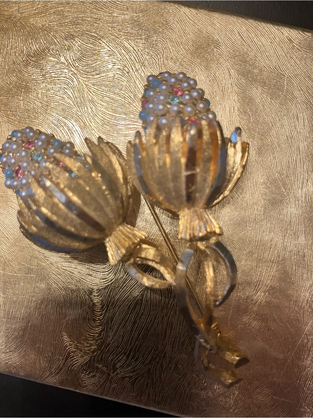 Art Deco Gold-Tone Sparkle-Cluster Brooch with Multicolor Bead Accents